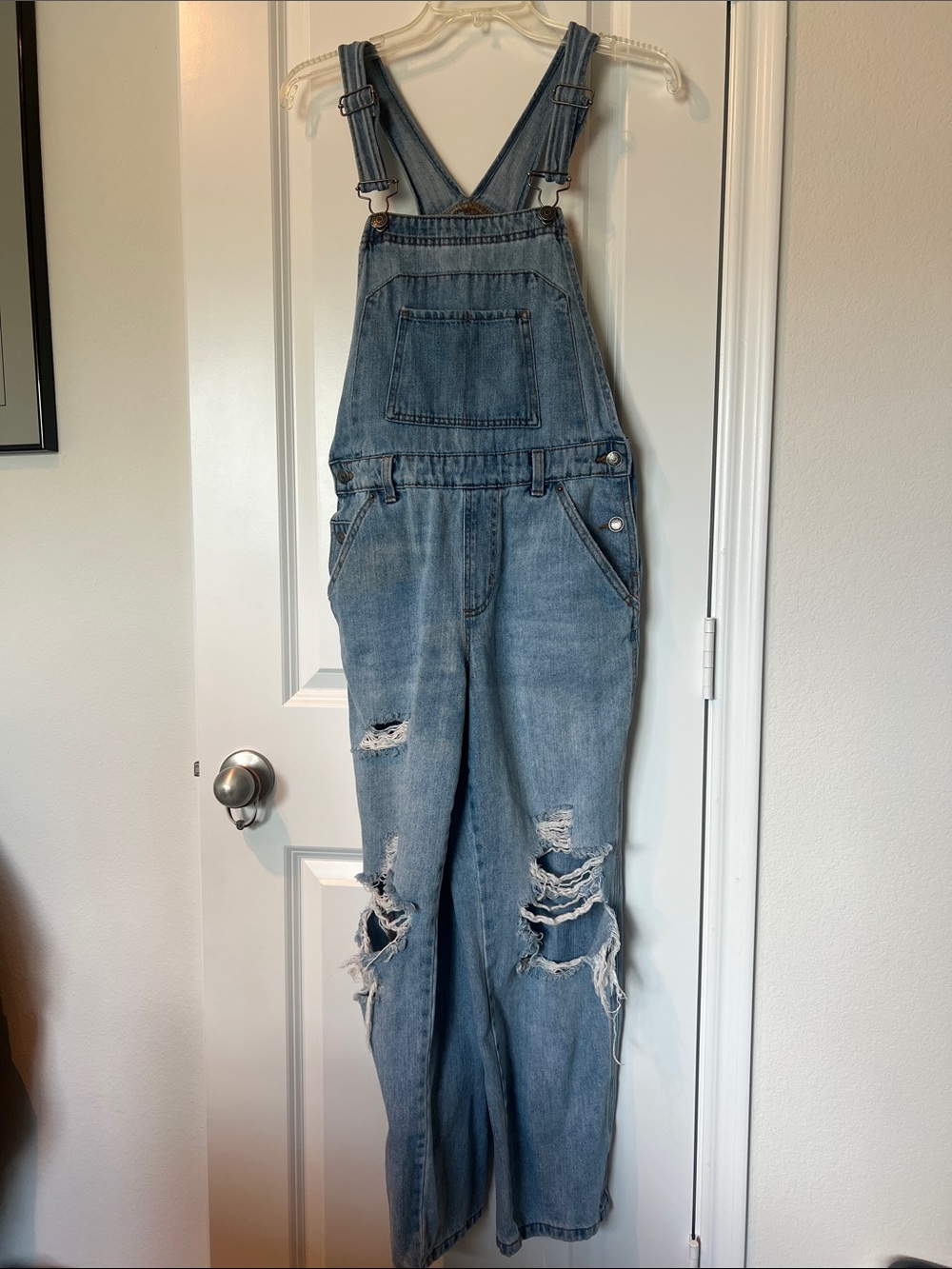 Distressed Light Wash Denim Overalls